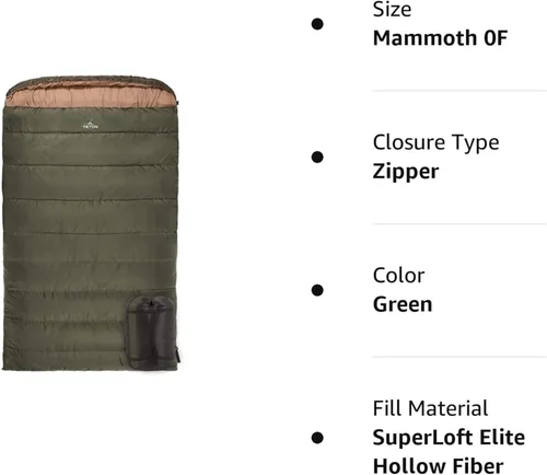 Miniatura 8 de Teton Mammoth - Saco de dormir doble tamaño Queen - Una bolsa cálida que toda la familia puede disfrutar, ideal para camping, caza y campamento Verde