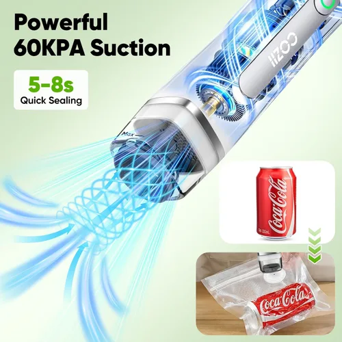 Miniatura 4 de COZII Sellador al vacío para alimentos, potente sellador al vacío de mano con 30 bolsas reutilizables, diseño recargable con tanque desmontable