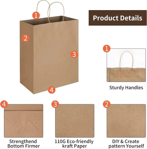Miniatura 3 de Oikss - Paquete de 50 bolsas de papel kraft marrón natural con asas, tamaño grande, 10x5x13, para regalos de cumpleaños, compras al por menor