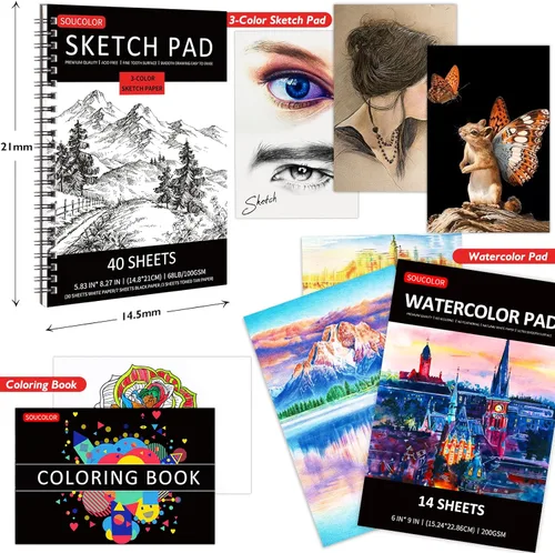 Miniatura 5 de Soucolor Suministros de arte, paquete de 76 kits de dibujo, caja de regalo para artistas adultos: cuaderno de bocetos de 3 colores, bloc