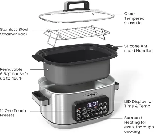 Miniatura 8 de Sunvivi Horno Asador de Cocción Lenta Multi 12 en 1, 6.5QT Plateado Digital Programable con Rejilla, Recipiente Antiadherente Grande Extraíble, Tapa