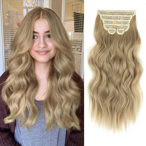 Miniatura 44 de Extensiones de cabello con clip de Vigorous de 20 pulgadas, con reflejos rubio playa, extensiones de cabello ondulado largo y suave de cabello