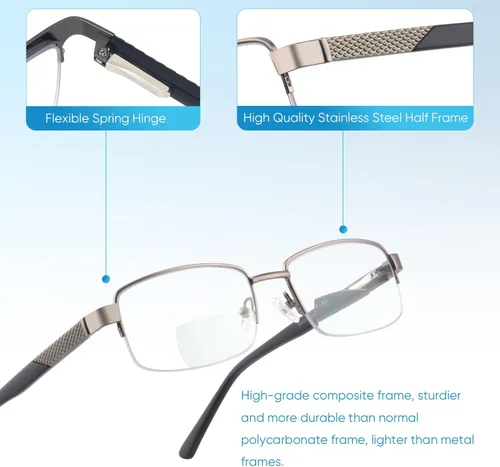 Miniatura 4 de Missfive Paquete de 2 lentes de lectura bifocales premium para hombres con bloqueo de luz azul, lectores de computadora con montura de metal sin