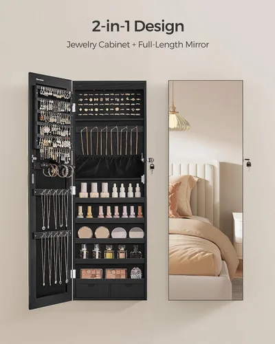 Miniatura 19 de SONGMICS Gabinete colgante de joyería, gabinete de pared con luces interiores LED, organizador de joyas montado en la puerta, espejo de cuerpo Blanco
