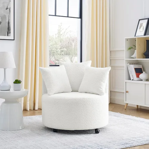 Quarte Moderna silla tapizada de ocio, silla giratoria de tela de peluche con ruedas móviles y 3 almohadas, perfecta para sala de estar y dormitorio