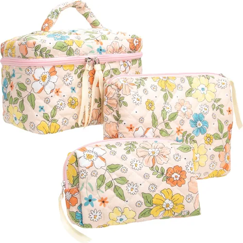 Miniatura 23 de PAZIMIIK - Bolsa de maquillaje de algodón para mujer, grande, acolchada para viaje, Rosa (Bow Pink), Vintage