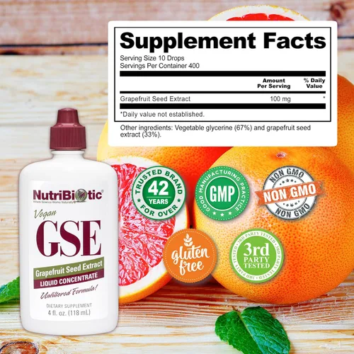 Miniatura 5 de NutriBiotic GSE, líquido de 4 onzas El extracto original de semilla de pomelo concentrado premium con bioflavonoides Vegano, sin gluten, sin OMG