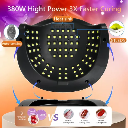 Miniatura 2 de Lámpara de uñas LED UV con 81 cuentas, lámparas de curado de uñas de 380 W para esmalte de gel con sensor automático/4 ajustes de temporizador
