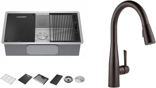 Miniatura 20 de DELTA, Rivet - Lavaplatos de cocina de 33 pulgadas con estación de trabajo, montaje superior, acero inoxidable de calibre 16, cuenco individual +