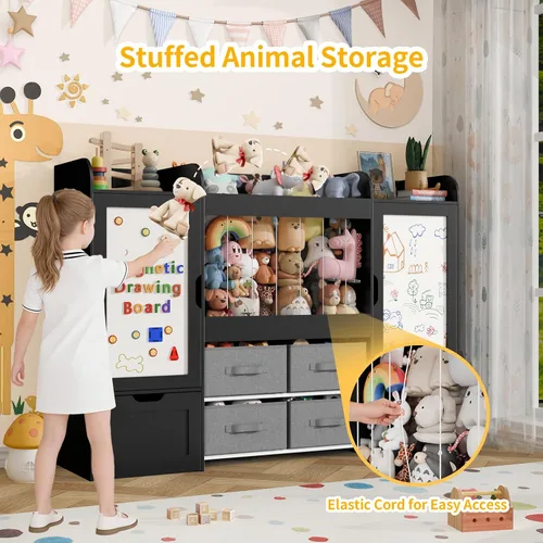 Miniatura 7 de Organizador de juguetes para niños de 61 pulgadas de ancho, estantería con 2 tablas magnéticas de dibujo, almacenamiento de animales de peluche, 2