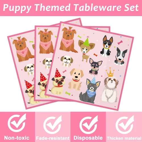 Miniatura 3 de 96 piezas de decoración de fiesta de cumpleaños con temática de perro, vajilla para fiesta de cachorros, platos de postre, servilletas, tenedores