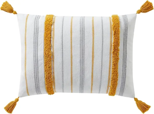 Indigo Ink - Almohada decorativa, almohada de rayas acolchadas con borlas, almohadas decorativas para sofá o cama, decoración bohemia para el hogar,