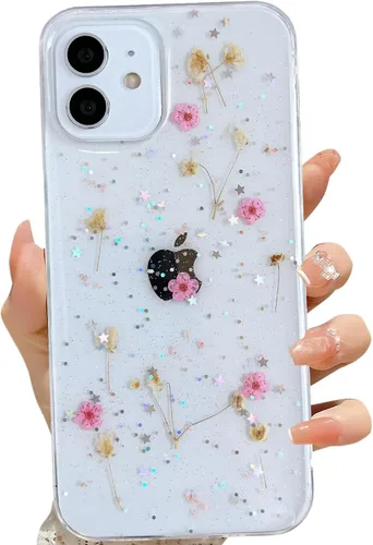 Miniatura 42 de LSEEKA Funda transparente para iPhone 13 Mini/iPhone 12 Mini con diseño de flores reales prensadas, con purpurina, bonito patrón floral blanco, Oro
