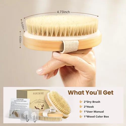 Miniatura 6 de POPCHOSE Cepillo de cepillado en seco para el cuerpo, cepillo exfoliante de cerdas naturales para la piel seca, exfoliante corporal para una piel