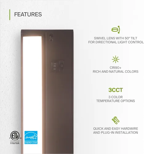 Miniatura 3 de ASD Iluminación LED giratoria para debajo del gabinete con enchufe o cableado de 12 pulgadas, luces regulables debajo del gabinete con interruptor