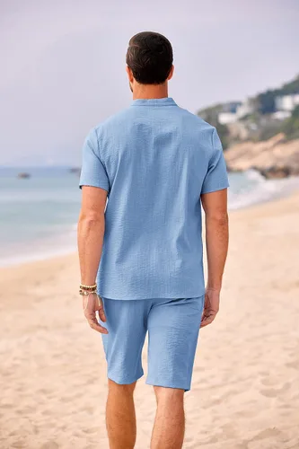 Miniatura 4 de COOFANDY Conjunto de 2 piezas de lino para hombre, camisas Henley casuales de manga corta, pantalones cortos de yoga para playa, pantalones cortos