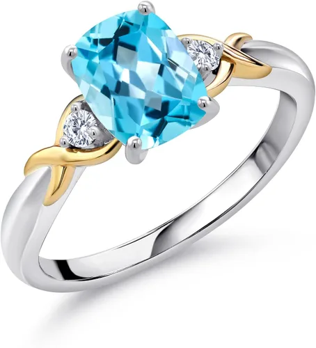 Miniatura 38 de Gem Stone King Anillo de compromiso de 3 piedras preciosas de plata 925 y oro amarillo de 10 quilates de 0.315 x 0.236 in de talla cojín y diamante