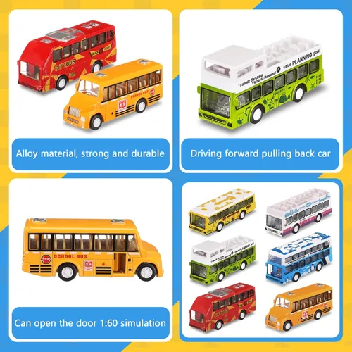 Miniatura 3 de Hanaive Juego de 6 piezas de coches de autobús escolar, juego de autos pequeños de metal fundido a presión, autobús urbano, autobús de doble piso