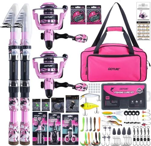 Miniatura 25 de Goture Combo de caña de pescar y carrete rosa - Carrete giratorio ML Action con bolsa rosa - Kit de caña telescópica para principiantes, viajes