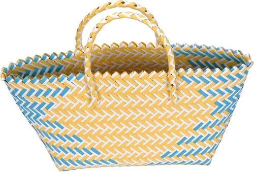 Miniatura 9 de Bolso tejido a mano para mujer, gran capacidad, a rayas, con correa cilíndrica, cesta de picnic duradera para almacenamiento al aire libre