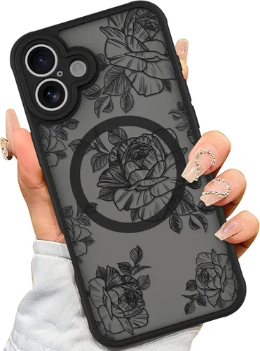 Miniatura 15 de AIGOMARA Funda para iPhone 13 Pro Max [compatible con MagSafe] Diseño de patrón floral de flores negras para mujeres y niñas, TPU suave, parte