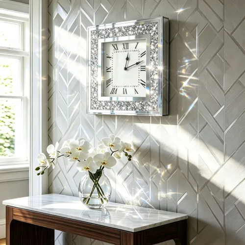 Miniatura 6 de DMDFIRST Reloj de pared cuadrado con espejo de cristal triturado de diamante con decoraciones brillantes de chispa y centella para decoración
