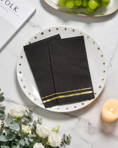 Miniatura 6 de bUCLA 100 unidades de servilletas de 3 capas negras y doradas - Servilletas de papel negro para cena desechables de calidad premium, desechables