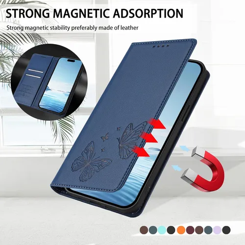 Miniatura 5 de Butterfly Embossed Leather Wallet Flip Case for Motorola Moto E22i 4G, Magnetic Closure, RFID Blocking Cover, Card Holder Blue.