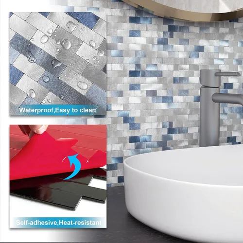 Miniatura 7 de BeNice Azulejos para salpicaduras de cocina, despegar y pegar, azulejos de metal para pared de baño, azulejos de pared de baño, color azul (10 hojas)