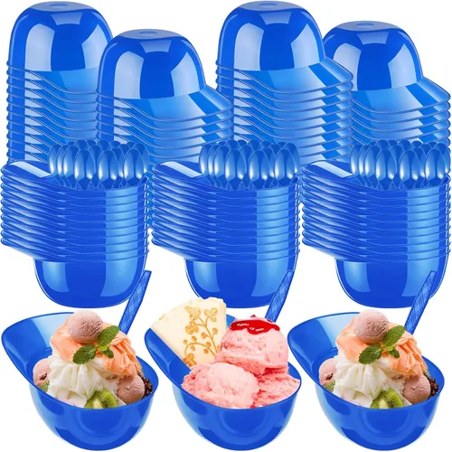 Miniatura 10 de Tanlade Juego de 100 cuencos para casco de béisbol con cucharas de 8 onzas, mini helado, postre y gorra de béisbol, cuencos de plástico para casco