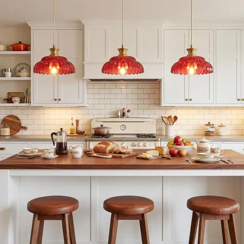 Miniatura 3 de Lámpara colgante de cristal rojo, 11.8 pulgadas, iluminación colgante vintage de vidrio dorado cepillado, lámpara de techo colgante moderna