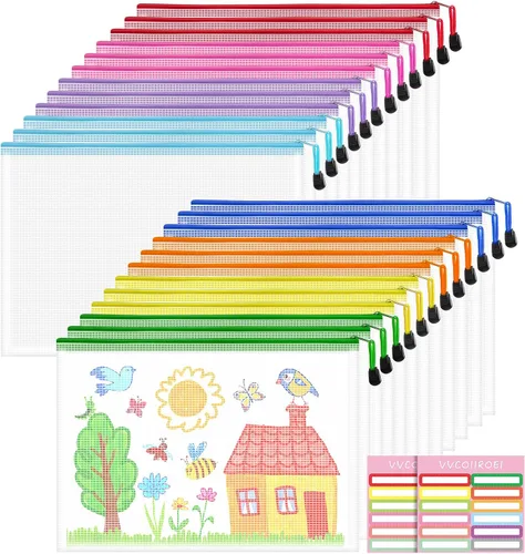 Miniatura 35 de 9 bolsas de malla con cremallera, tamaños A3, 9 colores, almacenamiento de juegos de mesa, viajes, escuela, organización de oficina