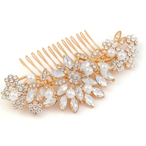 Hapibuy - Peineta de boda con cristales, peine de novia con perlas, tocado de boda en oro, accesorio para el cabello para usar en fiestas