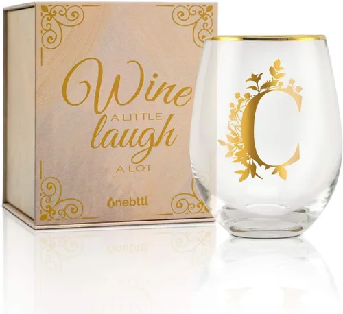 Onebttl Copas de vino únicas sin tallo, copa de vino inicial para vino tinto o blanco, 18 onzas, monogramada, dorada, para mujeres, niñas, mujeres,
