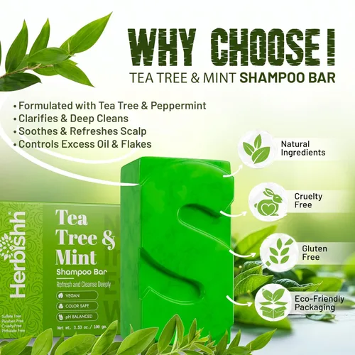 Miniatura 2 de Herbishh Barra de champú Tea Tree & Mint - Barra de aceite de árbol de té para limpieza de cabello graso y cuero cabelludo - Champú sólido