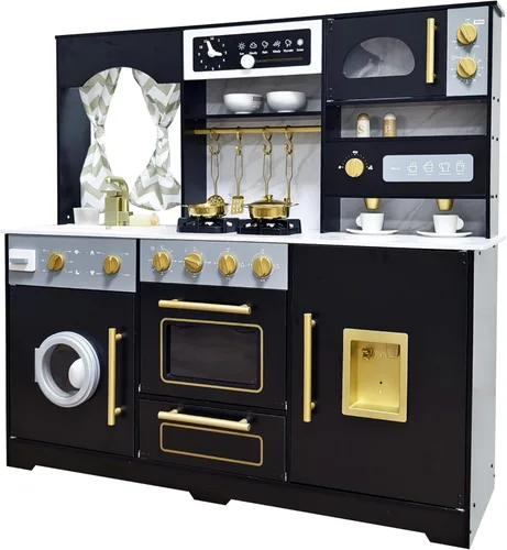 Miniatura 9 de Cocina de juego de madera con luz y sonido, fregadero de juguetes y dispensador de agua con agua corriente, juego de cocina grande para niños Negro