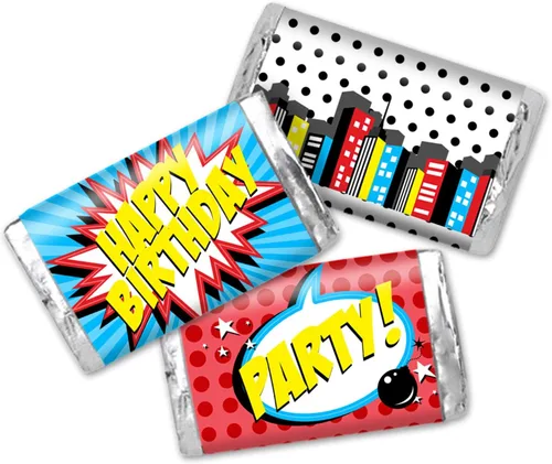 AmandaCreation - Mini envoltorios de calcomanías de chocolate para niños, 45 etiquetas envolventes envolventes de 1.4 x 2.6 pulgadas de Super Hero,