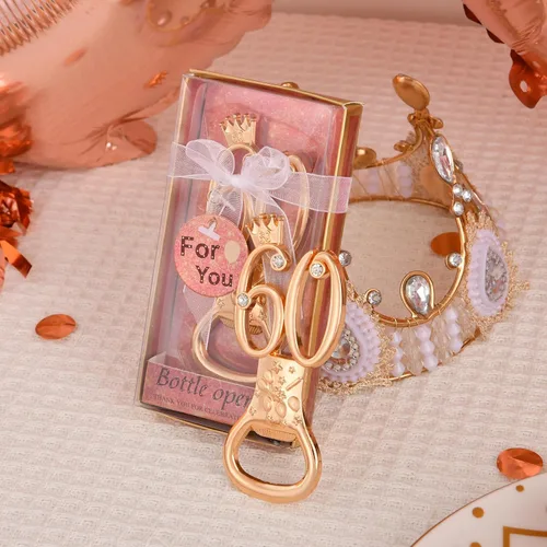 Miniatura 7 de 24 cajas de abrebotellas de cumpleaños número 60 con temática de oro rosa, favorecidas para regalos de fiesta de boda dorada número 60, recuerdos