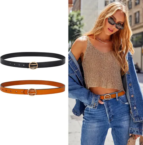 Miniatura 312 de Cinturón de cuero clásico con hebilla de metal para mujer con vestido de jeans