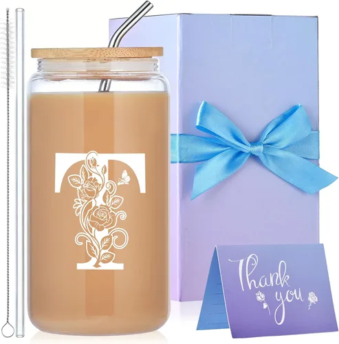 Miniatura 21 de Vasos de vidrio con iniciales con tapas y pajitas, regalos con monograma para mujeres, vaso de vidrio de cerveza de 16 onzas, taza de café helado