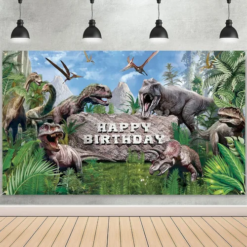 Tatuo Telón de fondo de dinosaurio para cumpleaños, 72.8 x 43.3 pulgadas, fondo de fotografía de dinosaurio, decoración de fiesta de selva de