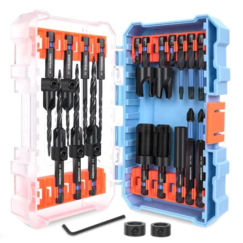 KEENTECH Juego de 22 brocas avellanadoras con vástago hexagonal de 1/4 pulgadas con 4 cortadores de enchufe de madera, profundidad ajustable para