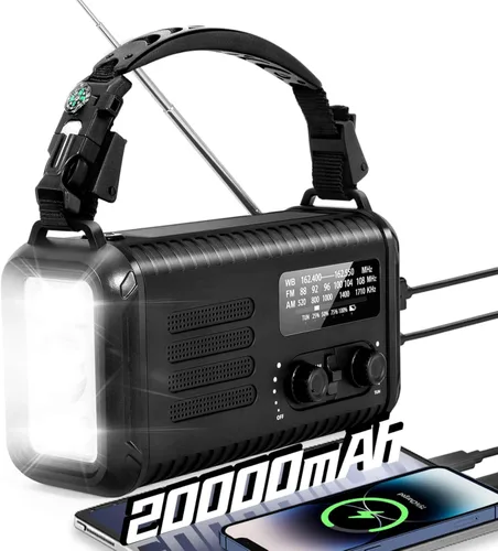 Radio de emergencia de manivela, radio meteorológica de manivela solar de 20000 mAh / 74000 mWh con NOAA/AM/FM, radio alimentada por batería con