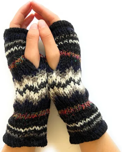 Miniatura 2 de Guantes de invierno a rayas de punto a mano sin dedos con forro polar de lana cálida, Guantes sin dedos