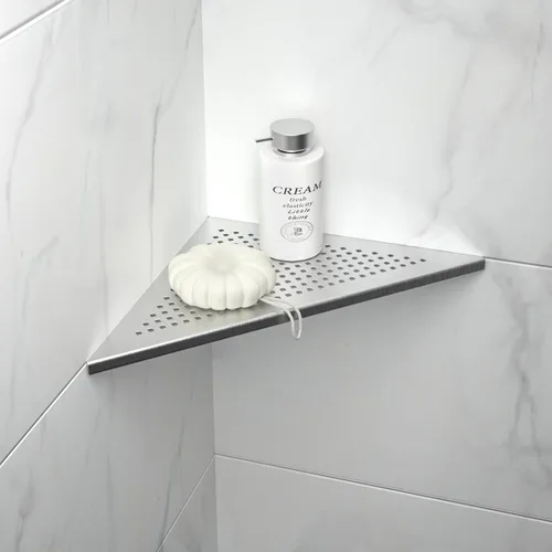 Miniatura 15 de Estante de Ducha de Esquina, Acero Inoxidable 304 Negro Mate de 10 pulgadas con Rejilla Empotrada para Pared de Azulejos, Estante de Baño Empotrado