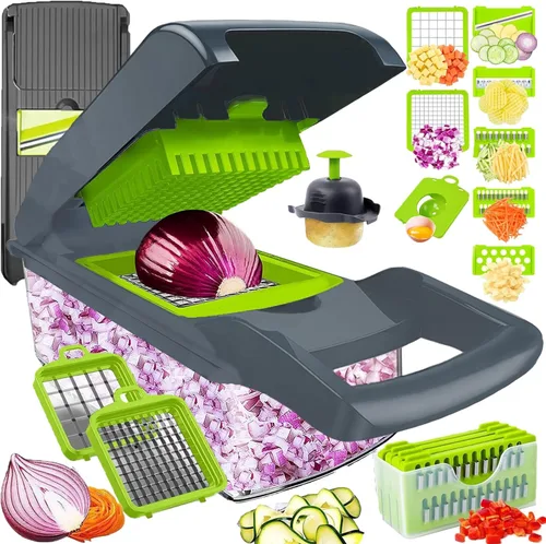 Picador de verduras, picador de cebolla, picador de alimentos multifuncional 13 en 1, cortador de verduras de cocina, picador de verduras Gris
