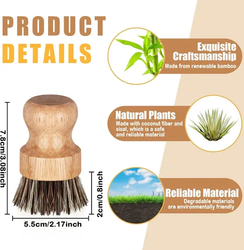 Miniatura 3 de Nuenen Juego de 6 cepillos de bambú para fregar platos de madera, juego de fregadores de cocina con cerdas de sisal naturales para fregadero