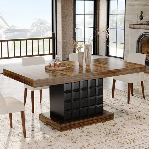 Miniatura 8 de Tribesigns Mesa de comedor de 63 pulgadas para 4-6, mesa rectangular de madera de granja con relieve geométrico, base de pedestal (café y negro)