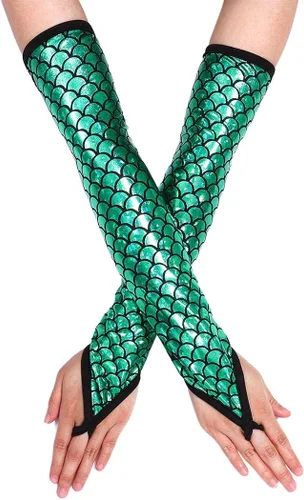 GEMILY Fish Scale Gloves Fingerless Fashion Mermaid Sparkly Arm Sleeve Long Party Rave Gloves Costume for Women and Girls