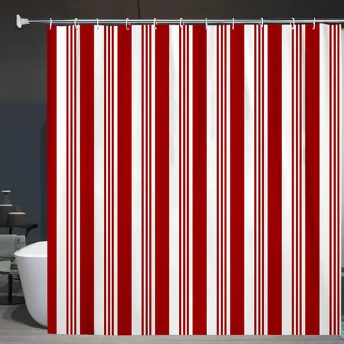 Miniatura 3 de Cortina de ducha de poliéster con patrón de bastón de caramelo rojo y blanco abstracto de Navidad, juego de cortinas con ganchos, impermeable, 24